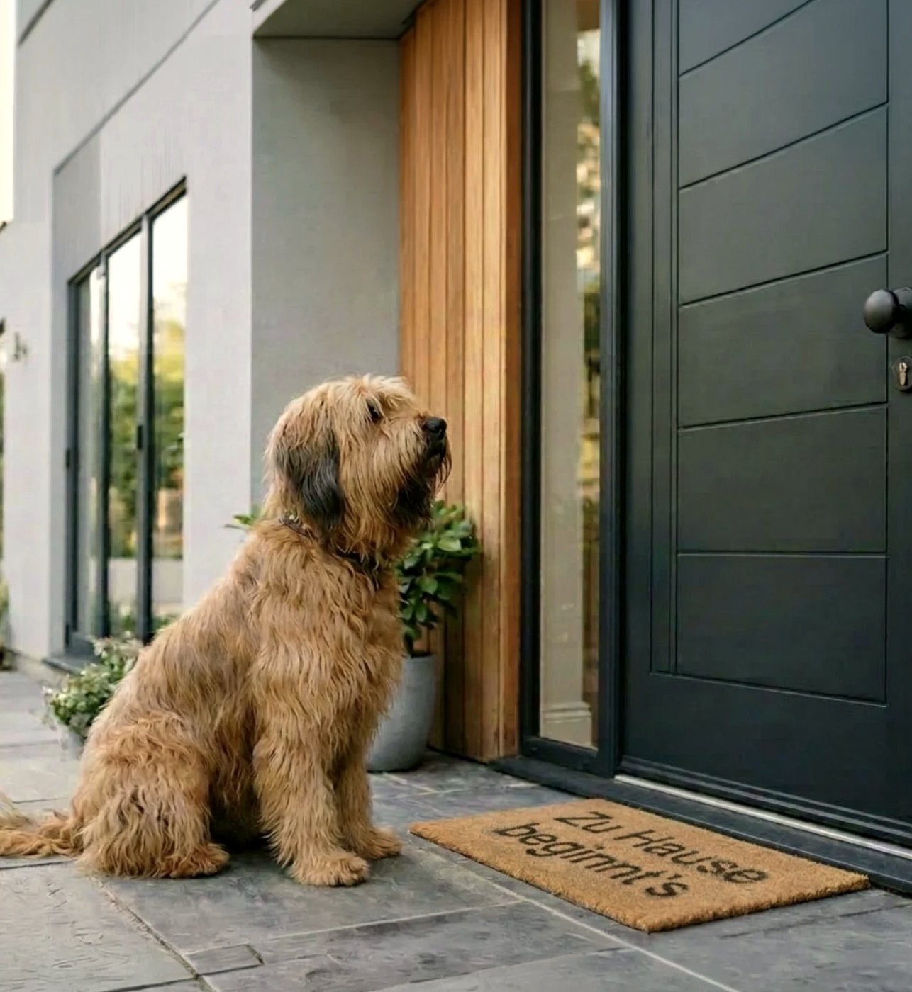 Hund sitzt entspannt vor der Haustür